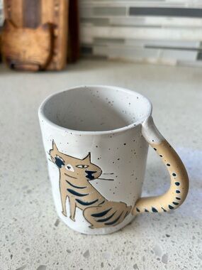 Anthropologie Speckled Ceramic Cat Mug in Cream and Tan